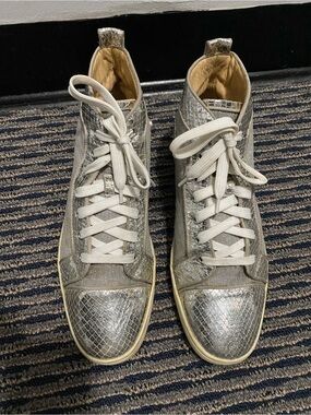 Christian Louboutin Red Bottom Silver High-Top Sneakers - Metallic Lace-Up